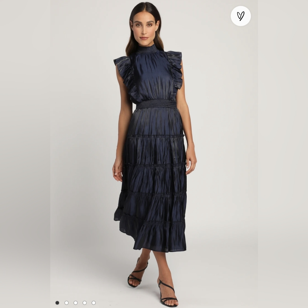 Navy Blue Tiered Mock Neck Midi Dress